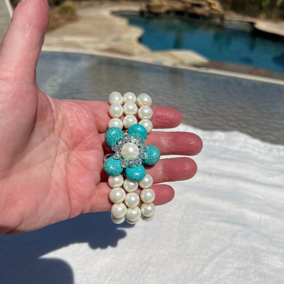 Handmade Bracelet Stretch Multi Strand Pearl Turquoise Boho Flower Crystal New! - Picture 2 of 6